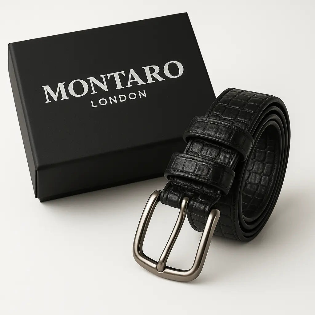 The Regent Men’s Original Leather Belt (Croco Black) Montaro London